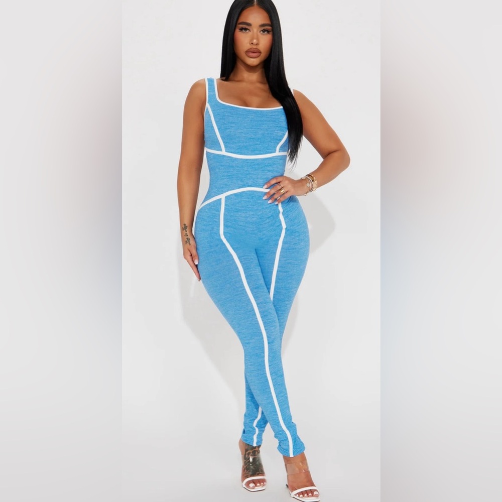 Fashion Nova Blue Stretch Seamless Jumpsuit with White Piping